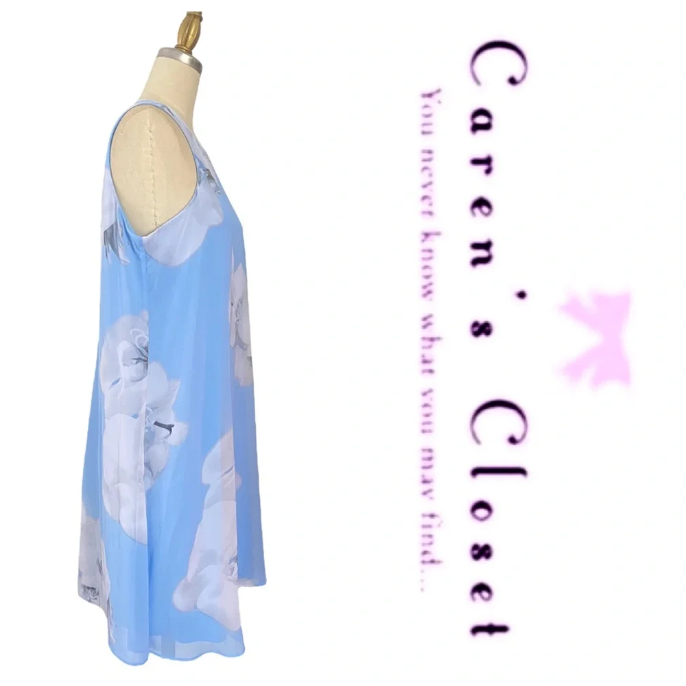 Calvin Klein Powder Blue Floral Print Chiffon Trapeze Sleeveless Dress - Picture 5 of 10